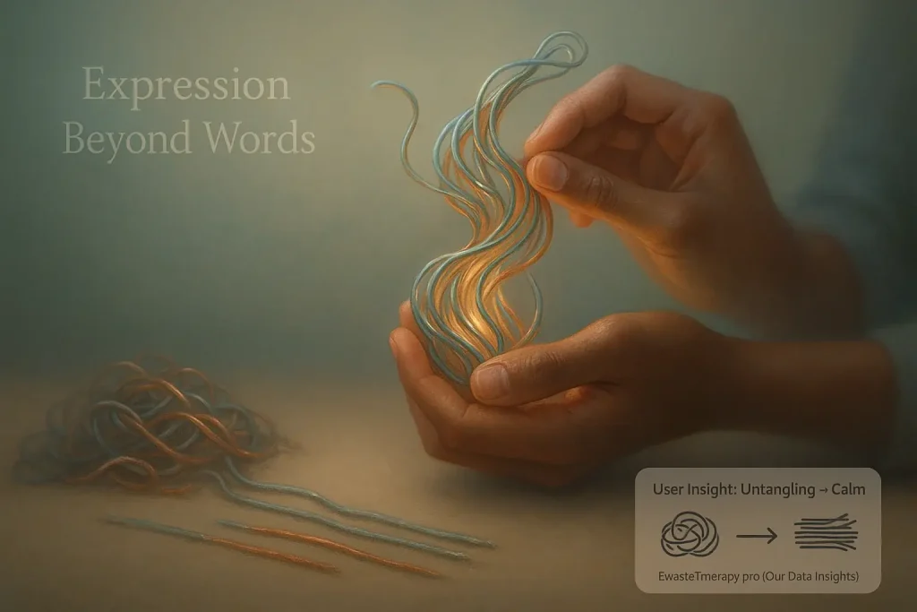 Hand shaping an abstract e-waste wire sculpture representing complex emotions and therapeutic expression.