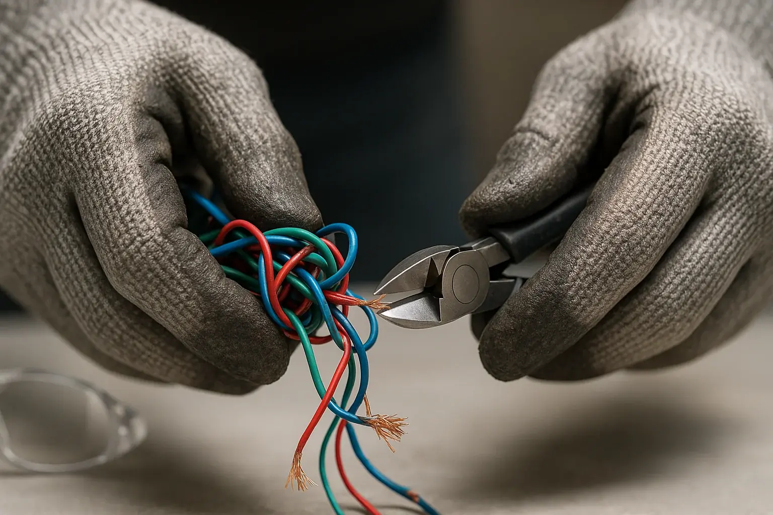 Close-up: Hands in protective gloves safely cutting e-waste wires with wire cutters for therapeutic art.
