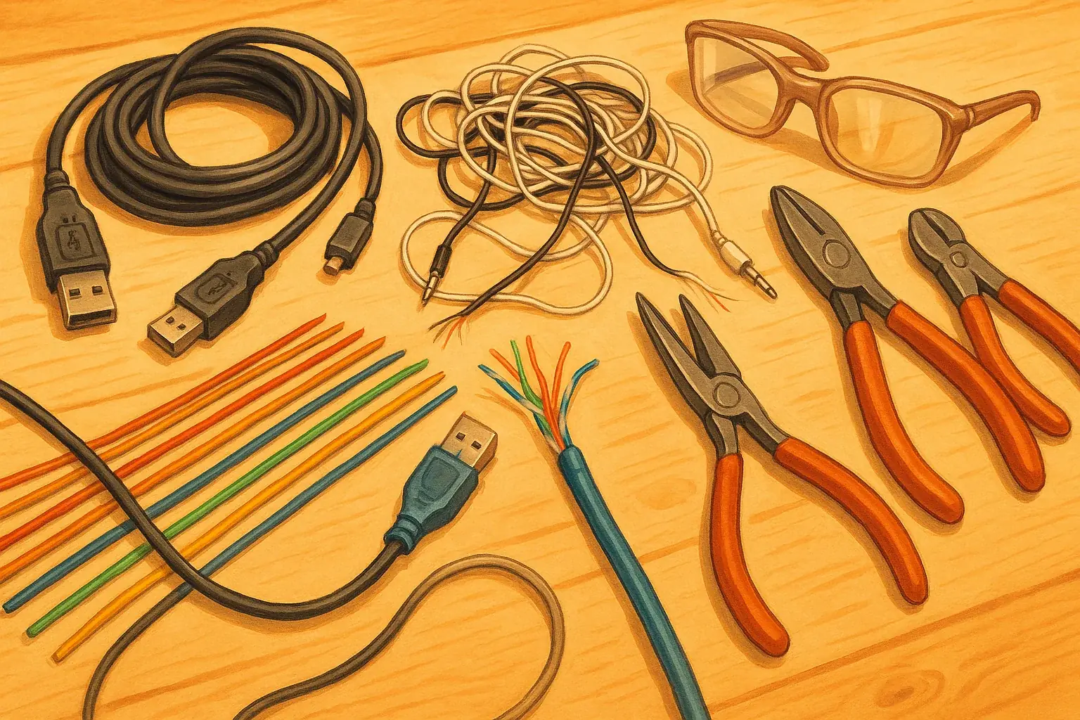 Assortment of colorful e-waste wires and tools like cutters and pliers on a workbench, your e-waste art palette.