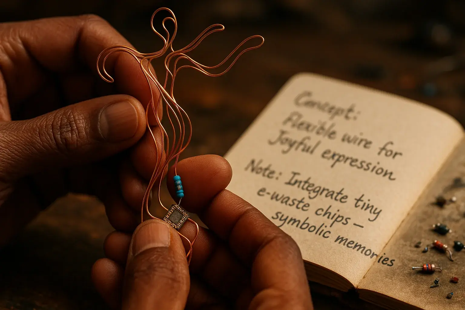Hands gently shaping wire, beginning the journey to sculpt emotions in a calm, creative workspace.