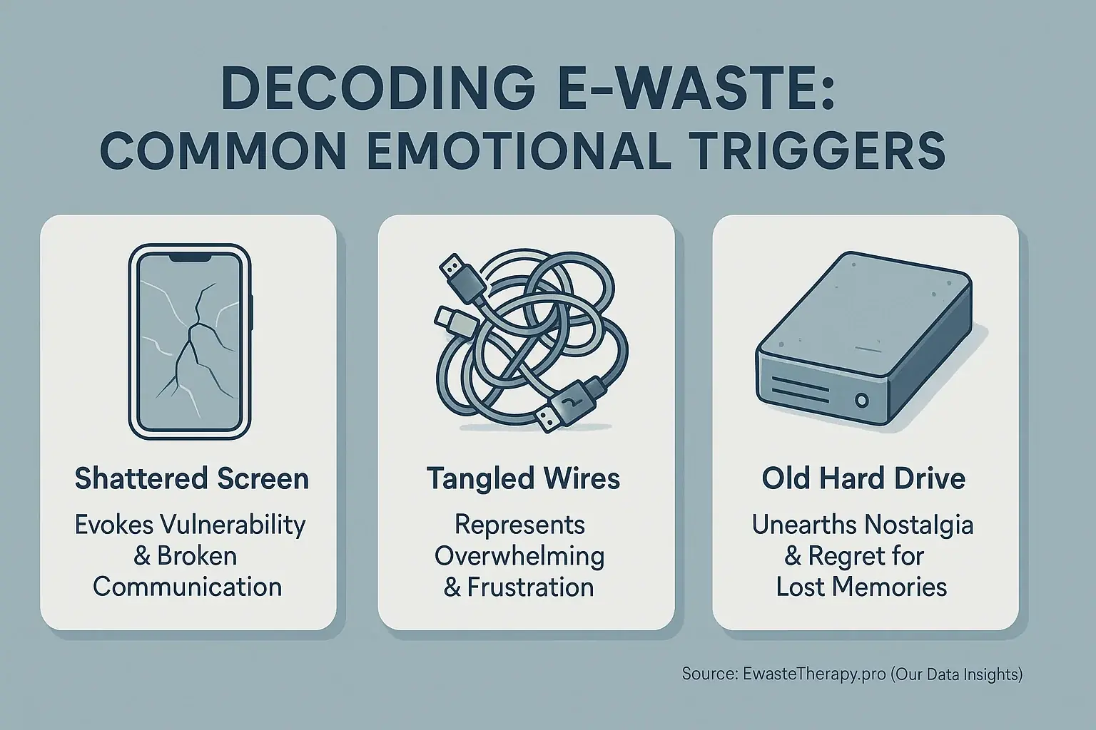 E-waste component icons (e.g., old phone, tangled wires) paired with text describing their emotional symbolism.