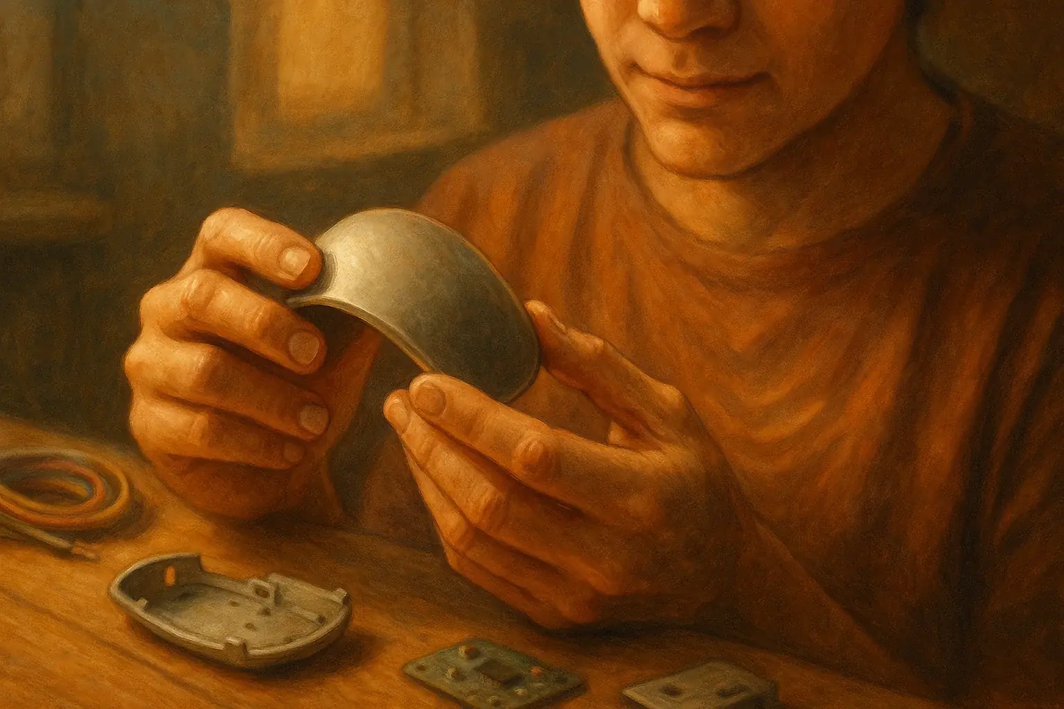 Close-up: Hands mindfully transform e-waste, embodying calm focus and self-regulation through art.