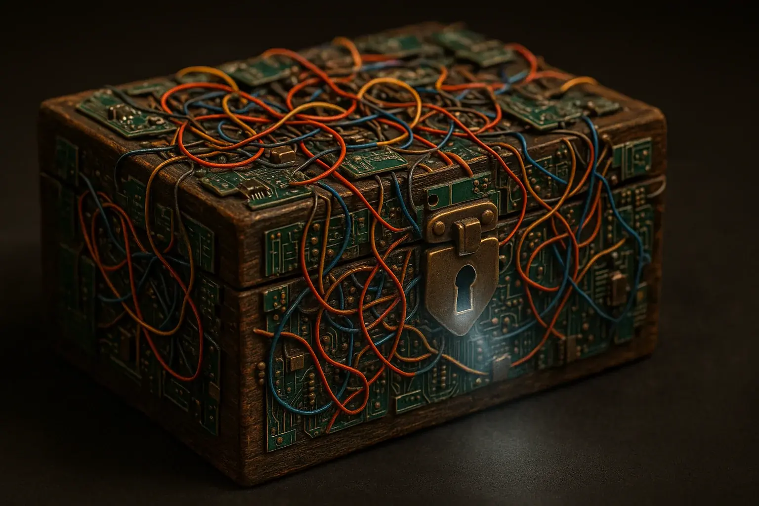 E-waste art of circuits and wires, with a glowing lock or seal, a digital vault for emotional containment.