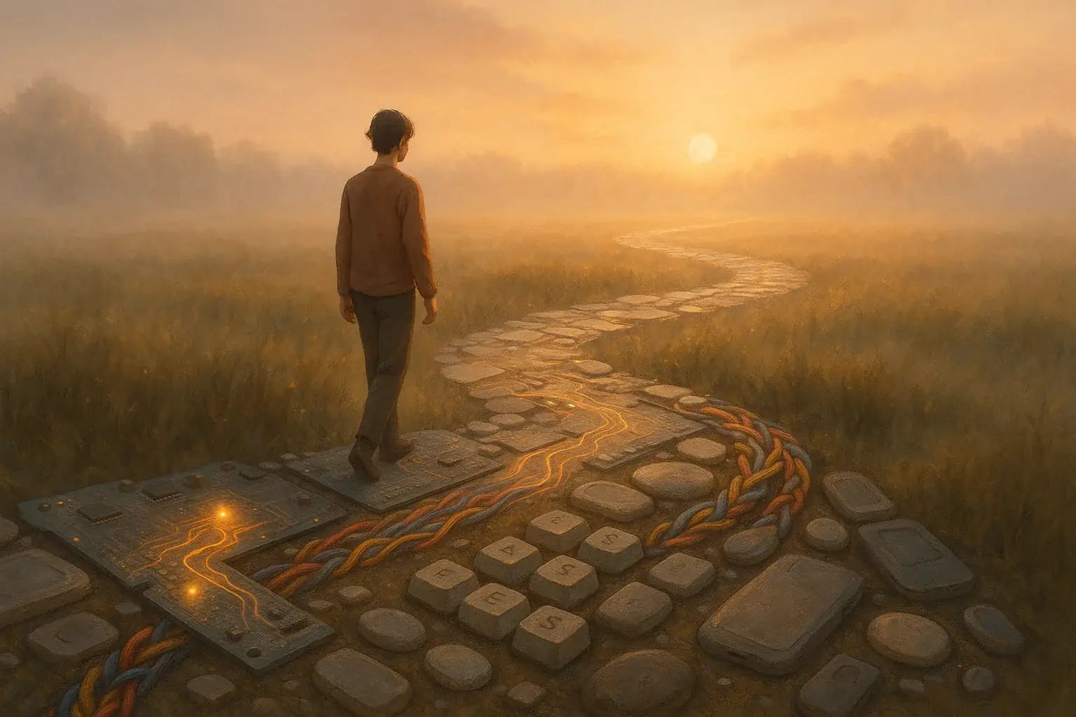 Figure slowly walks a gentle, winding e-waste path, a mindful art therapy journey for calm healing and progress.