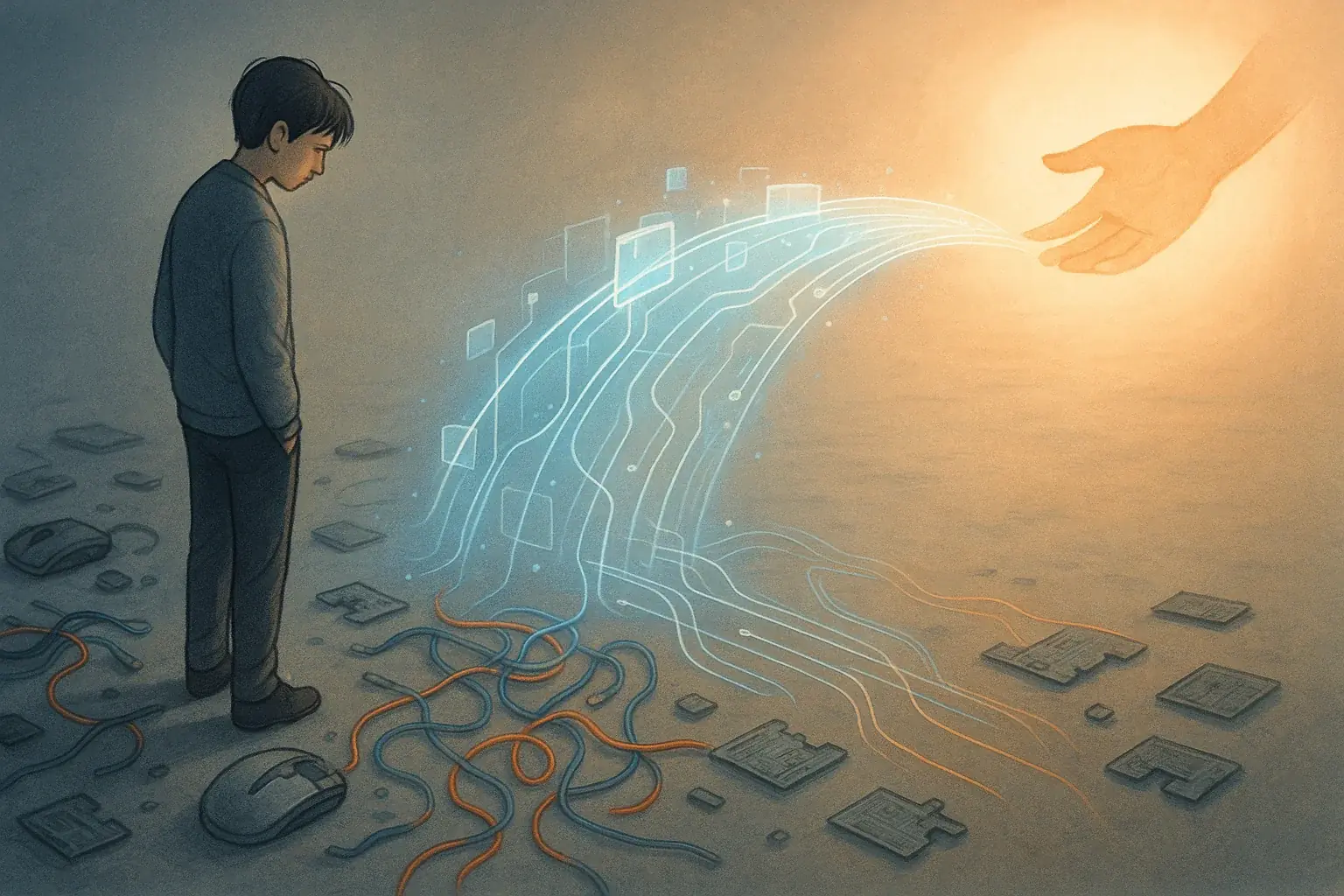 Conceptual tech bridge extends to a figure, symbolizing seeking professional e-waste art therapy guidance.