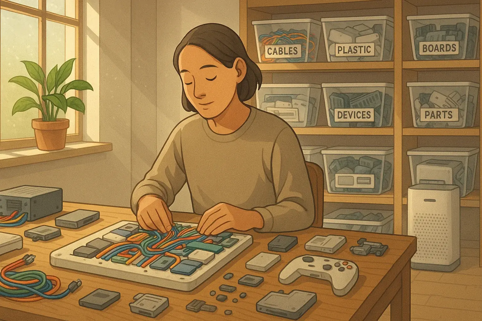 Serene, organized e-waste art studio sanctuary: well-lit, ventilated, person mindfully arranging e-waste components.
