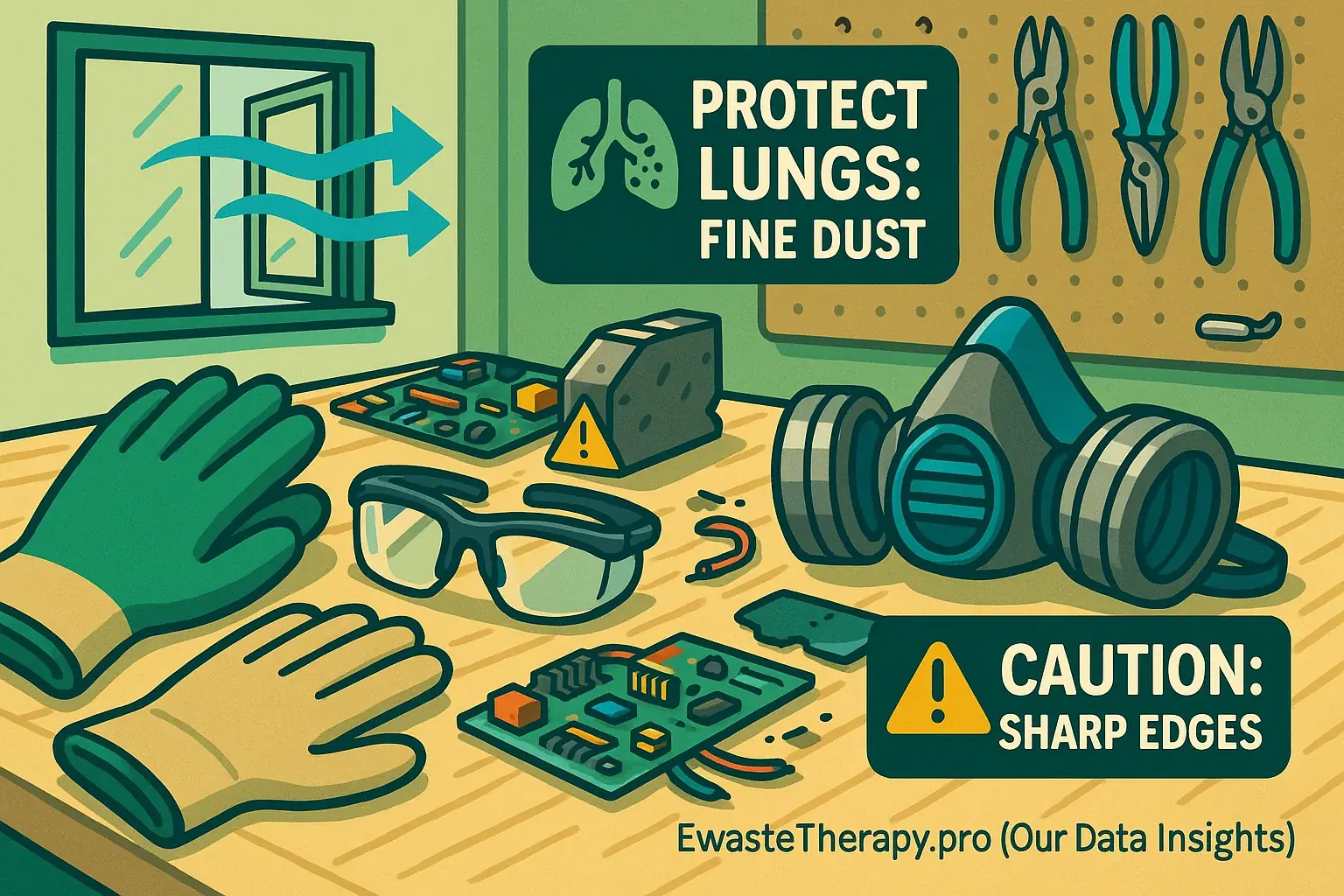 Stylized e-waste art studio illustrating essential protective gear, proper ventilation, and safe tool storage.