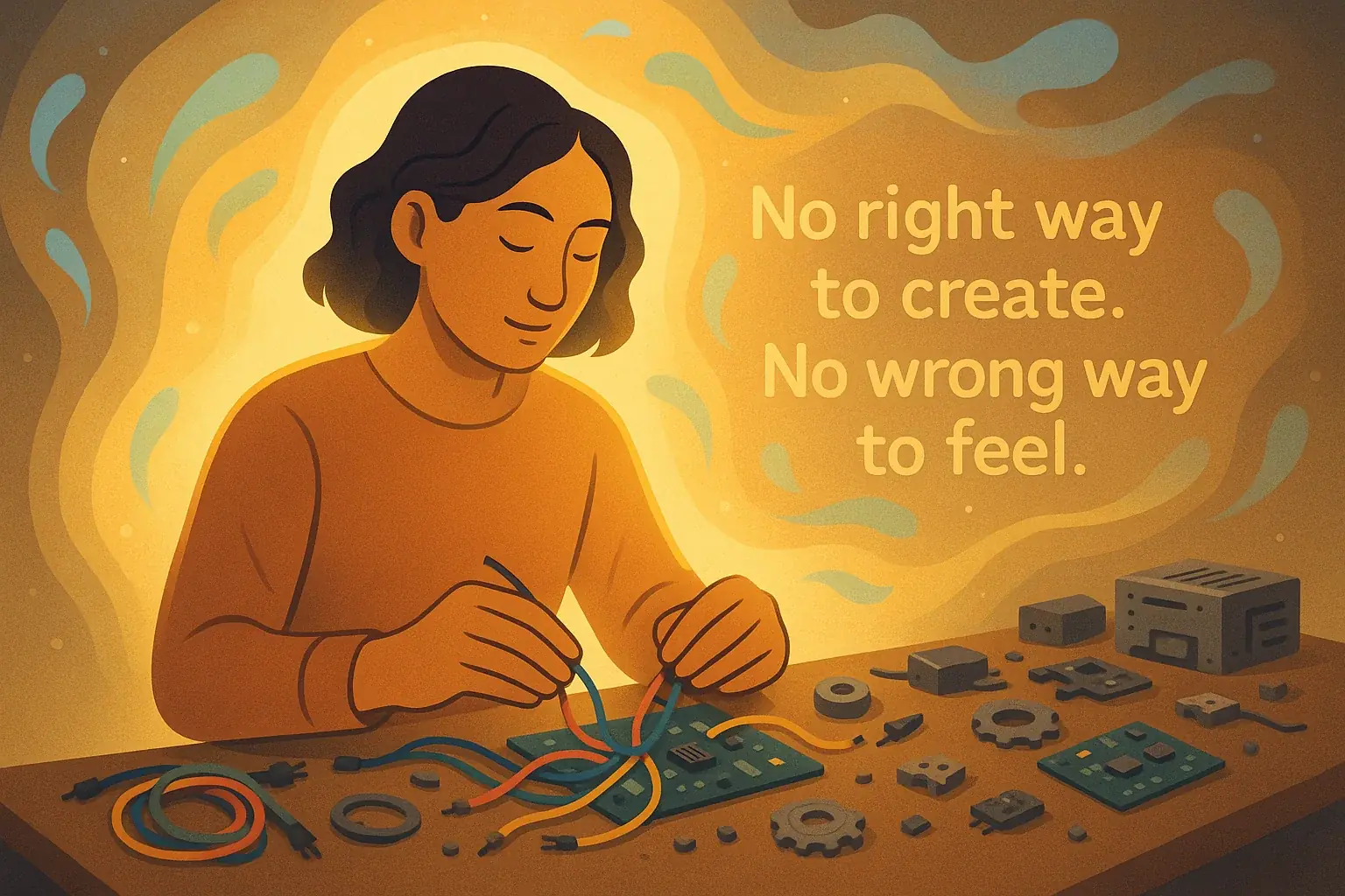 Artist channels emotions into e-waste art, enveloped by a glowing aura—a safe, non-judgmental healing space.