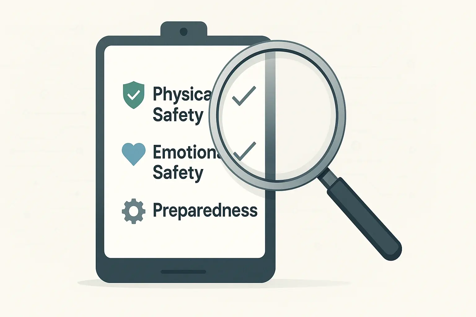 Infographic: Checklist & magnifying glass for e-waste studio safety audit, detailing physical, emotional safety &