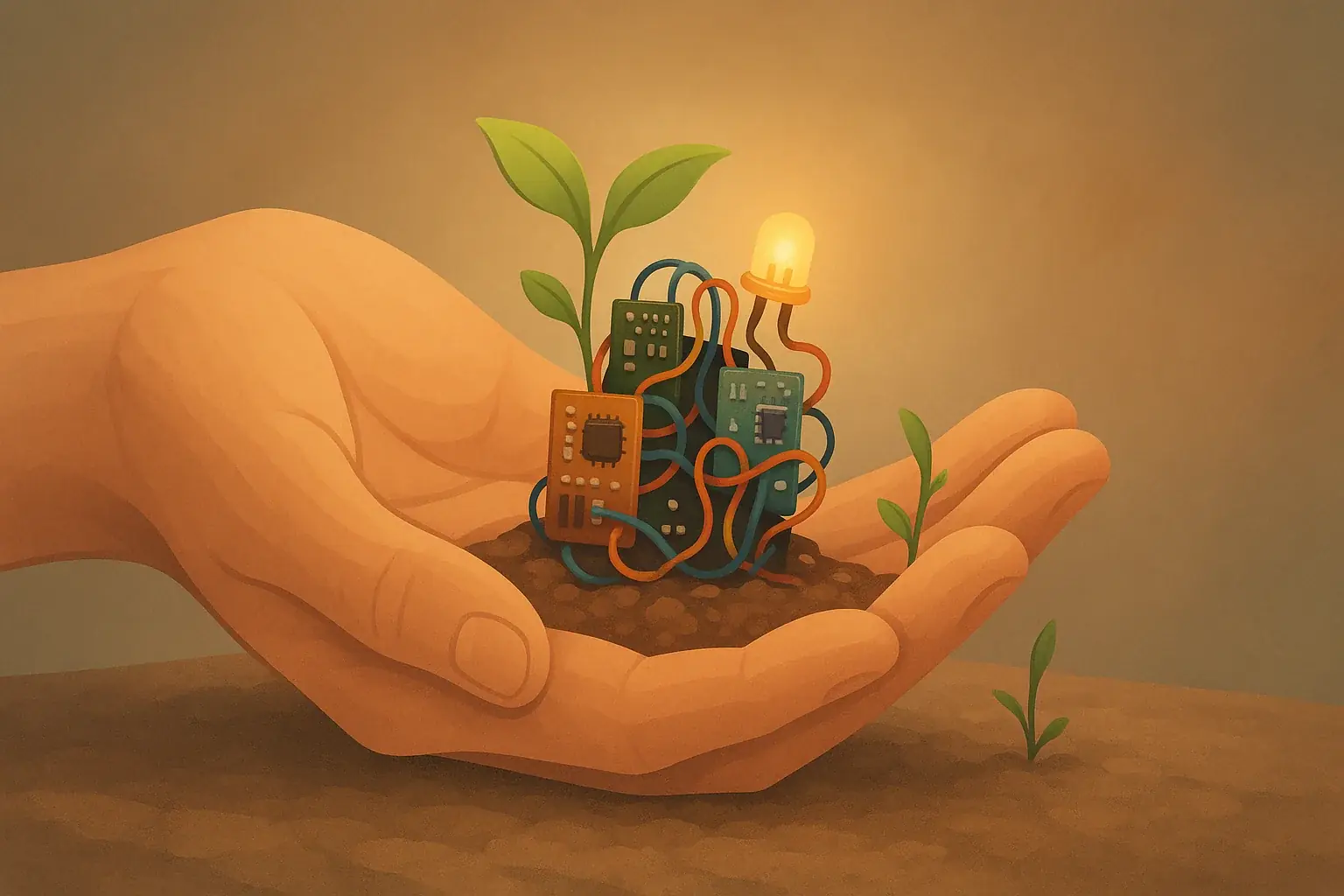 A nurturing hand securely cradles intricate e-waste art, a foundation for safe, creative healing.