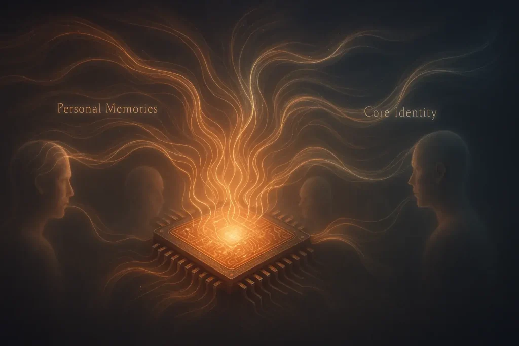 Glowing microchip with swirling data and human forms, symbolizing its profound connection to memory, identity, and therapy.