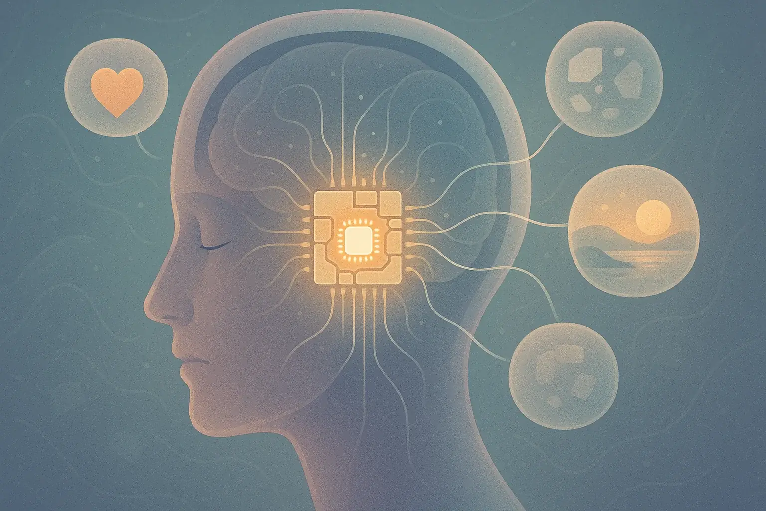 Infographic: Stylized head with glowing microchip storing memory fragments, illustrating chips as personal data archives.