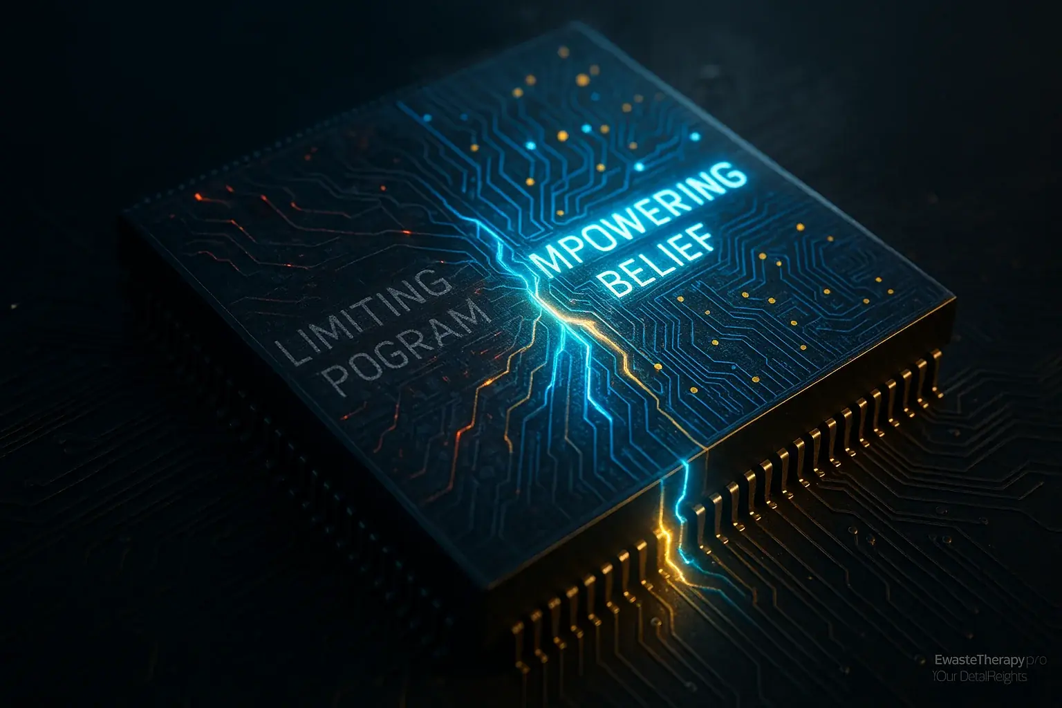 Conceptual inner chip with abstract light patterns showing old beliefs reprogramming to new core programming.