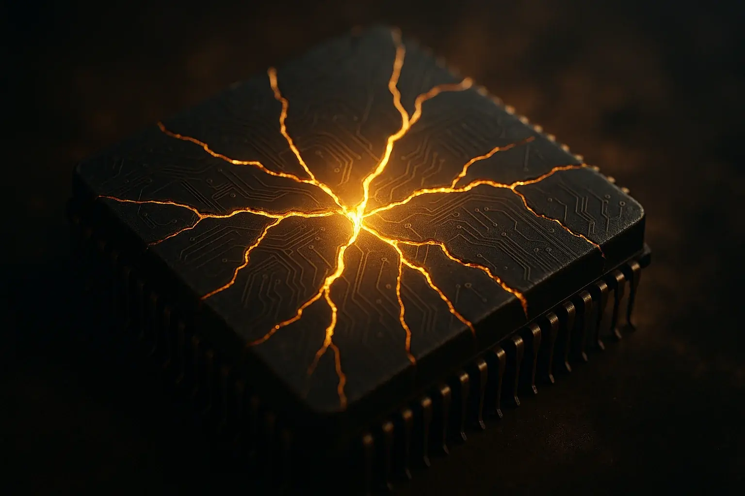 Cracked microchip, repaired with seams of golden light, illustrating tech's resilience despite fragility.