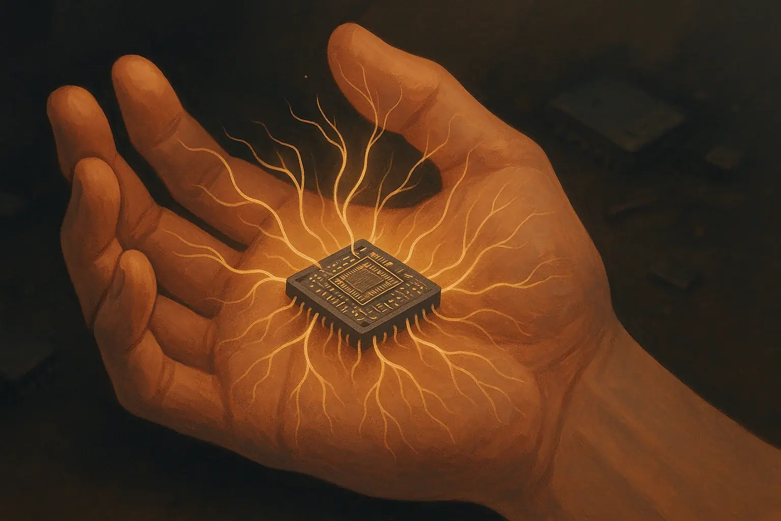 Stylized hand gently holds microchip, glowing roots extending into palm, showing deeper meaning in discarded tech.