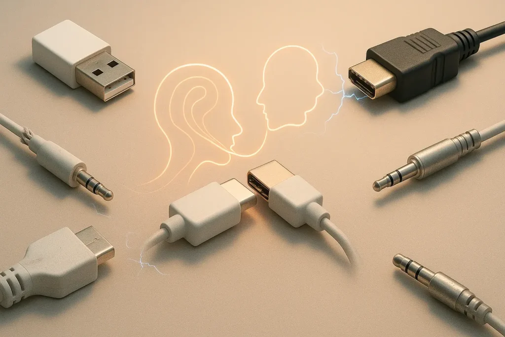 E-waste ports (USB, HDMI, audio) artistically linked to human figures, revealing their metaphorical language in
