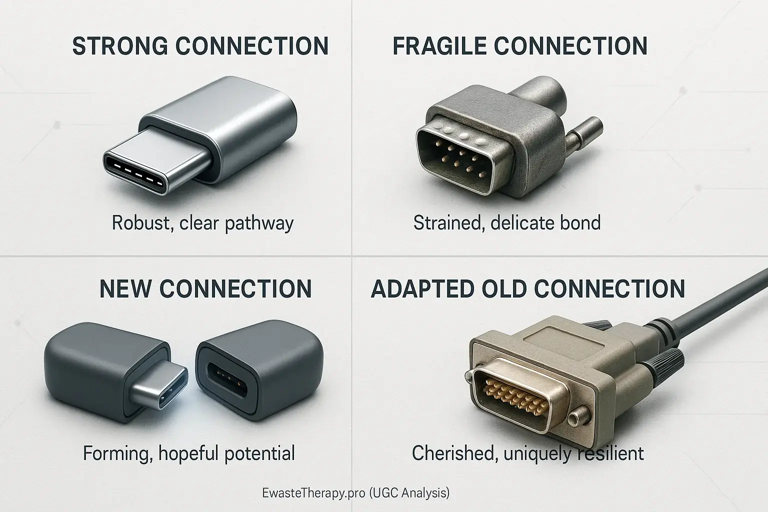 Infographic: Stylized e-waste connectors symbolize strong, fragile, new, old relationship types as interface metaphors.