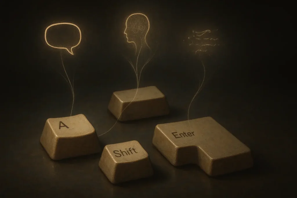 Glowing lines link scattered keyboard keys to emotional symbols, revealing their deep therapeutic meaning.