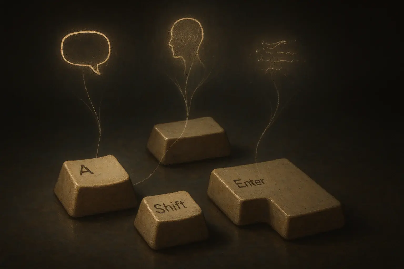 Glowing lines link scattered keyboard keys to emotional symbols, revealing their deep therapeutic meaning.