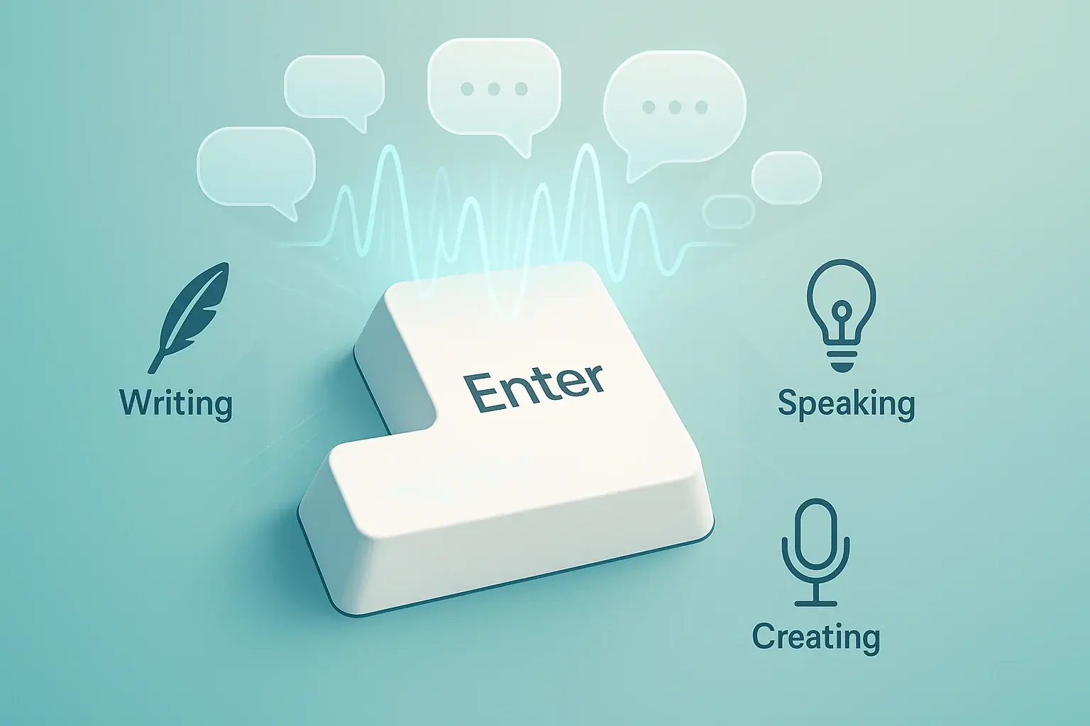 Infographic: Keyboard key unlocks expression, shown by sound waves and icons for writing, speaking, and creating.