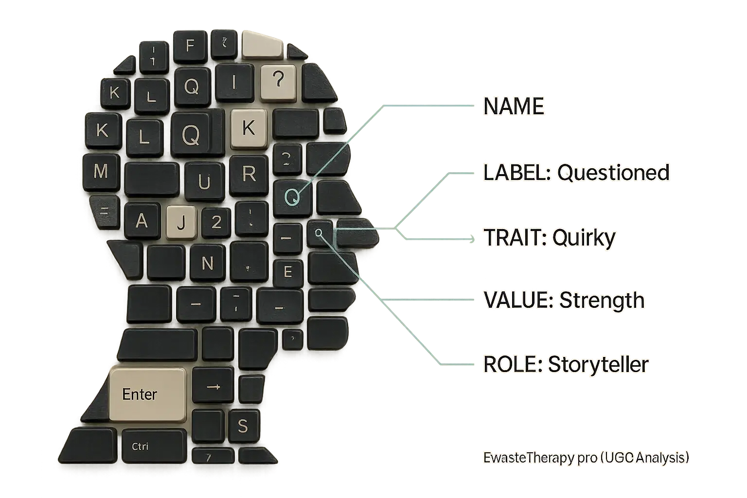 Fragmented keyboard keys form a human face silhouette, mirroring how digital labels shape identity.