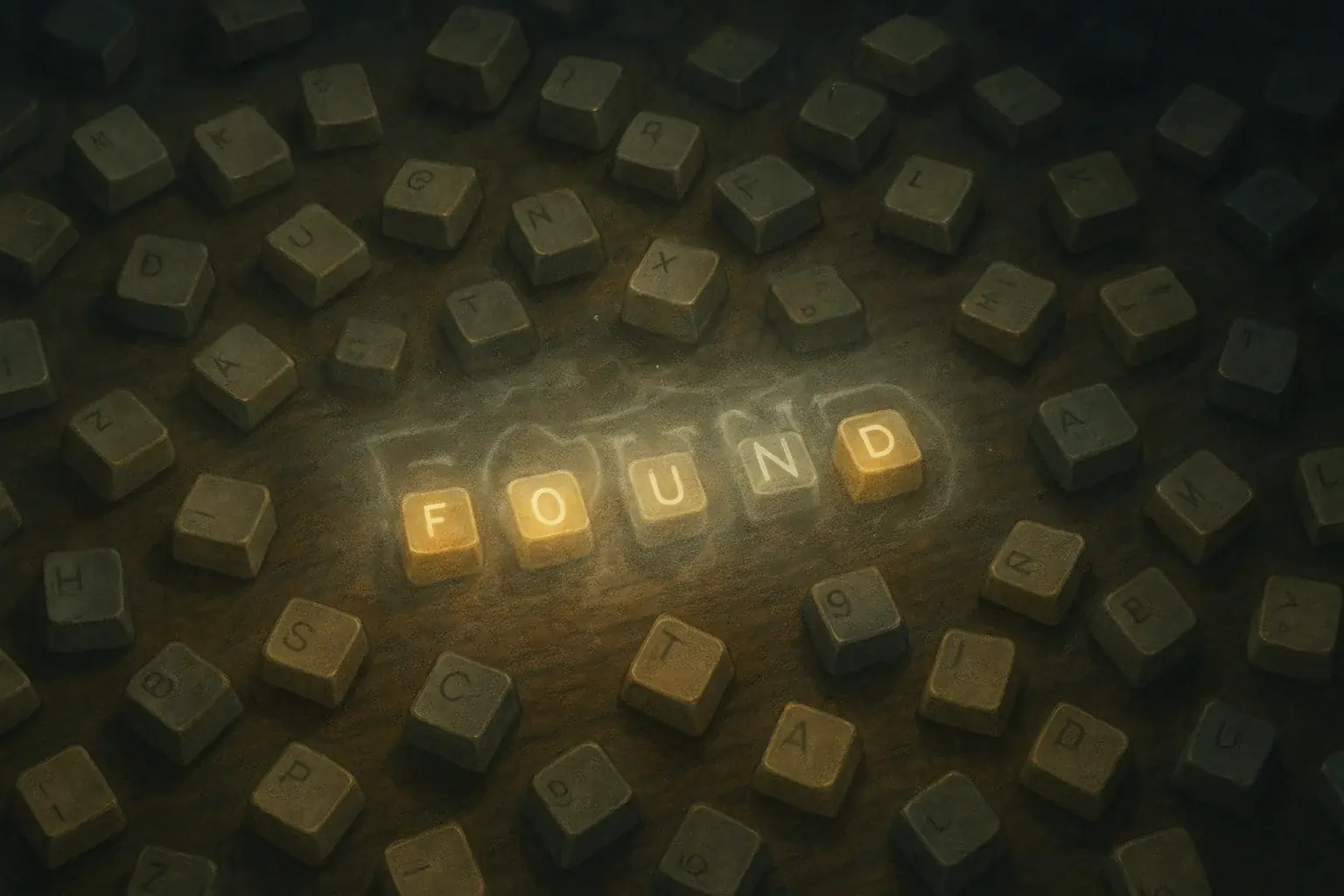 Scattered keyboard keys form a ghostly message, with highlighted keys revealing discovered words.