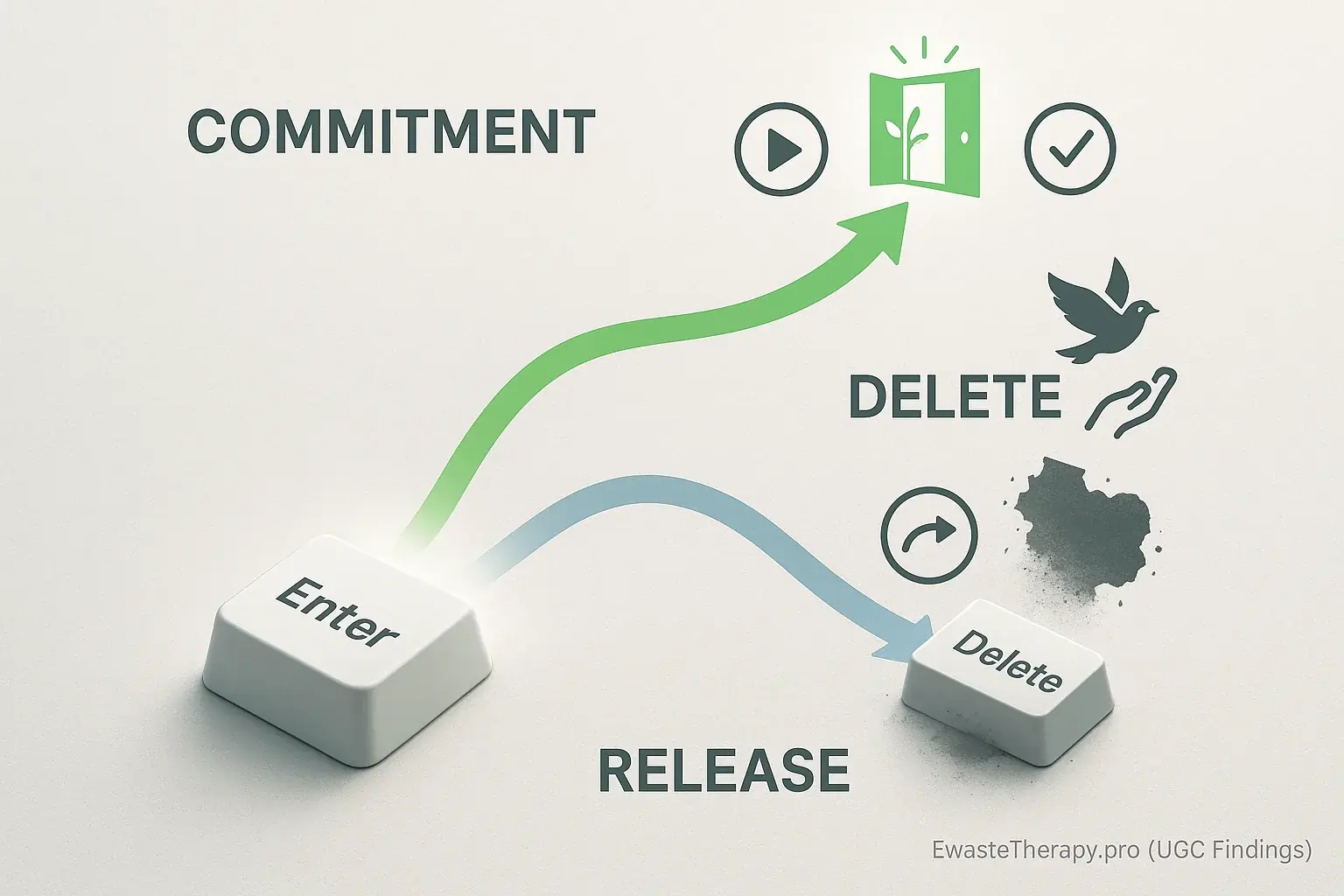 Stylized Enter key starts a path branching to positive/negative consequences, with icons for action, result, and undo.