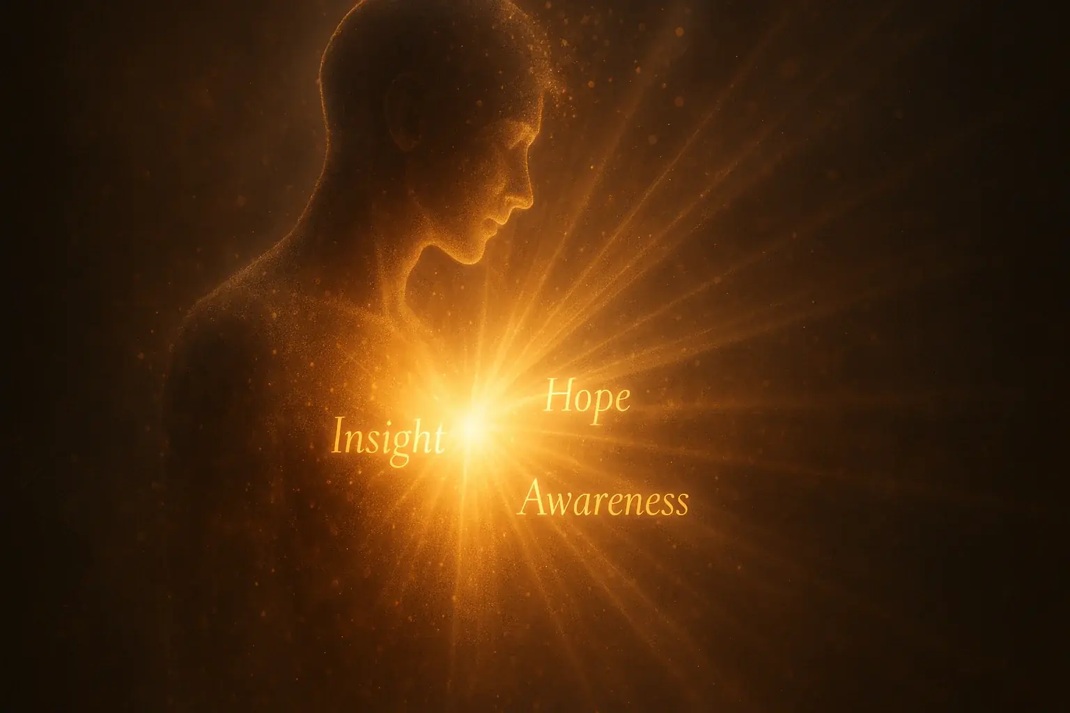 Ethereal human silhouette fused with a warm, glowing LED, symbolizing inner light and profound insight from e-waste LEDs.