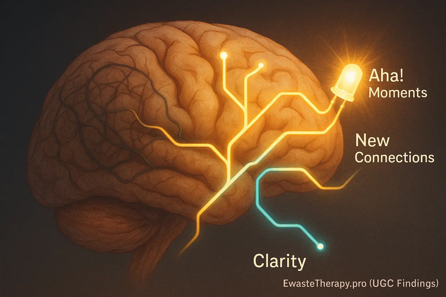 Infographic: Stylized brain&#x27;s glowing LED pathways show new connections, clarity, &#x27;Aha!&#x27; moments as illumination &amp; insight.