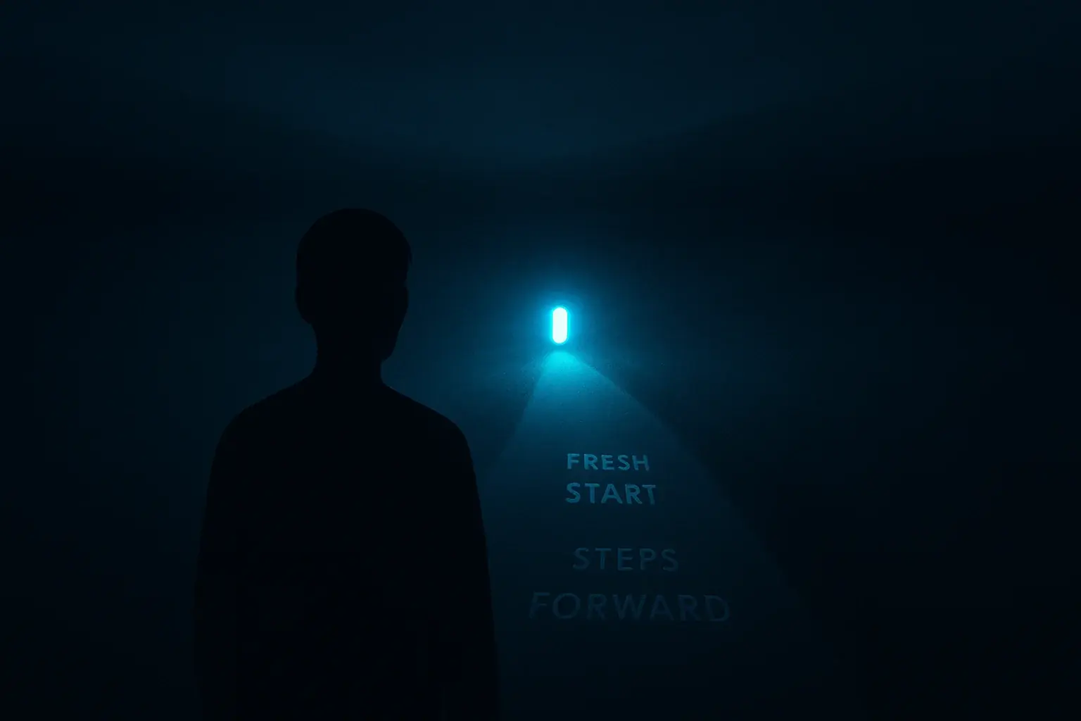 Single glowing LED light guides a person through a dark, abstract landscape, a beacon of hope and guidance.