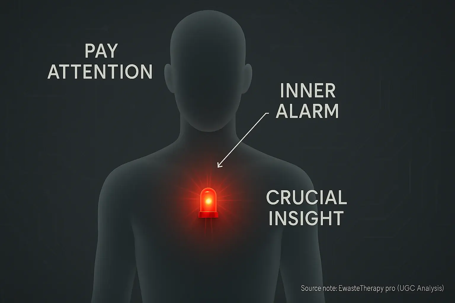 Stylized human&#x27;s chest blinks red, a &#x27;red flag&#x27; internal warning signal for crucial awareness and insight.