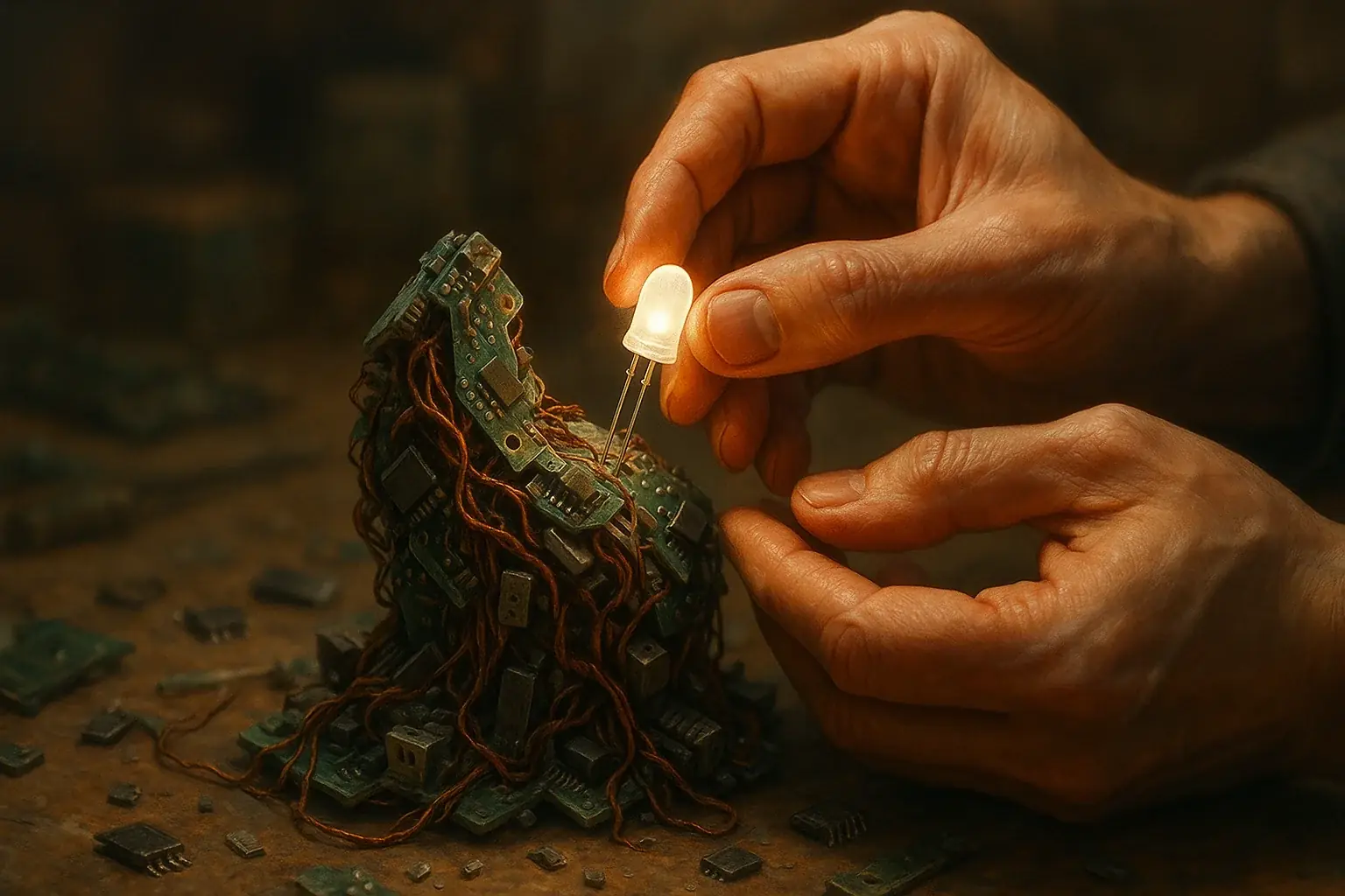Hands integrating a glowing LED into e-waste art, crafting a beacon of light and symbolic meaning.