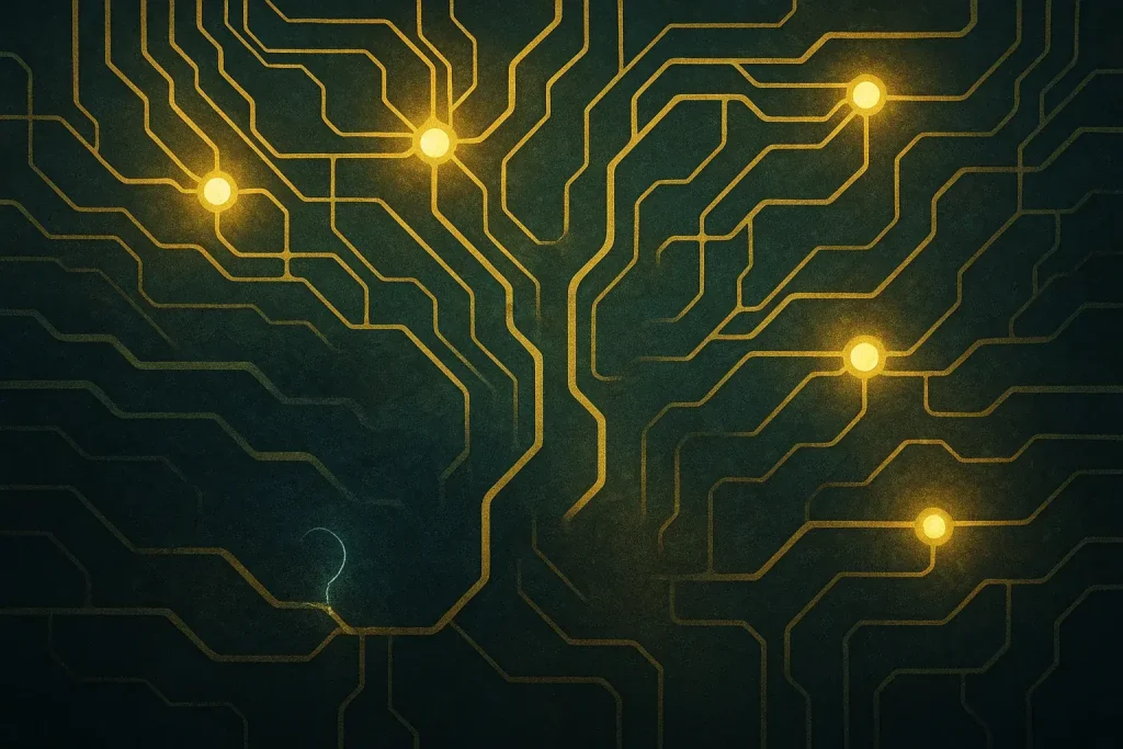 Infographic: Abstract circuit board as life map; pathways & connections symbolizing inner journeys of reflection.