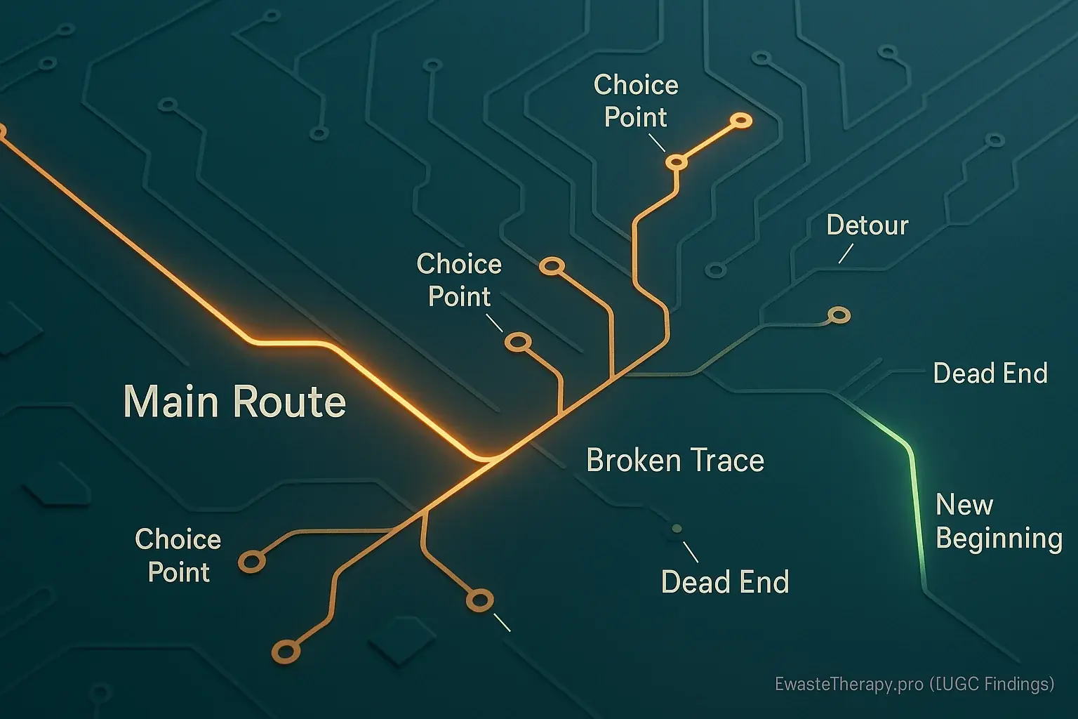Stylized inner circuit board pathways illustrating life's journey: choices, detours, dead ends, main routes.