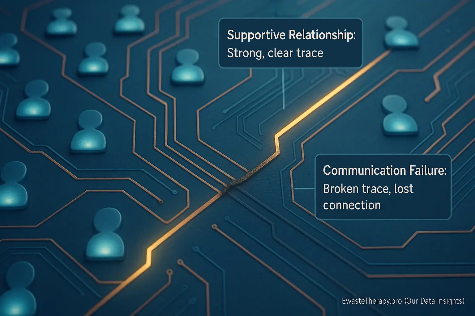 Circuit board as a web: components as individuals, traces as relationships, showing strong, weak, and broken