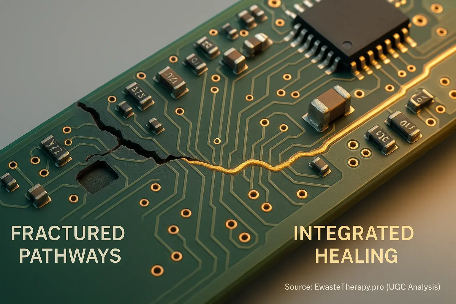 Infographic: Circuit board's journey from broken section to repaired, showing transformation from damage to wholeness.