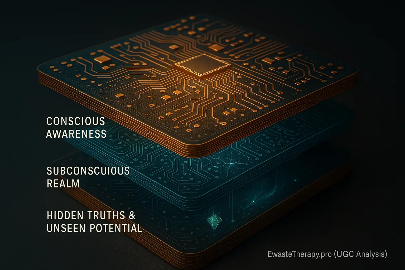 Infographic: Cross-section of circuit board reveals hidden layers of self: conscious, subconscious, inner truths.
