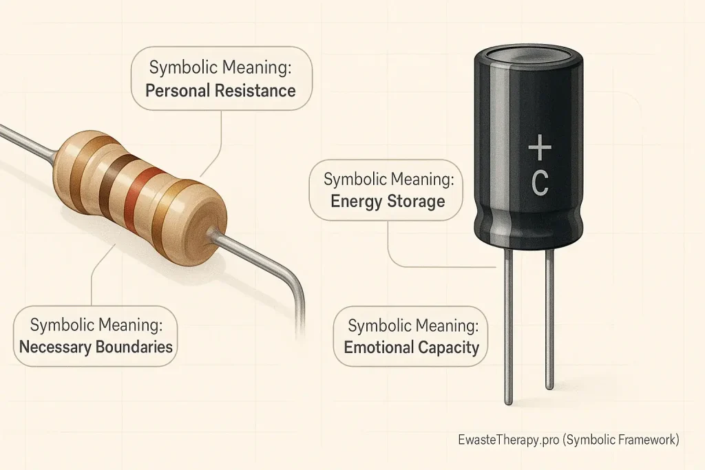 Resistor (Resistance, Boundaries) and Capacitor (Energy Storage, Potential) visually explained as e-waste art symbols.