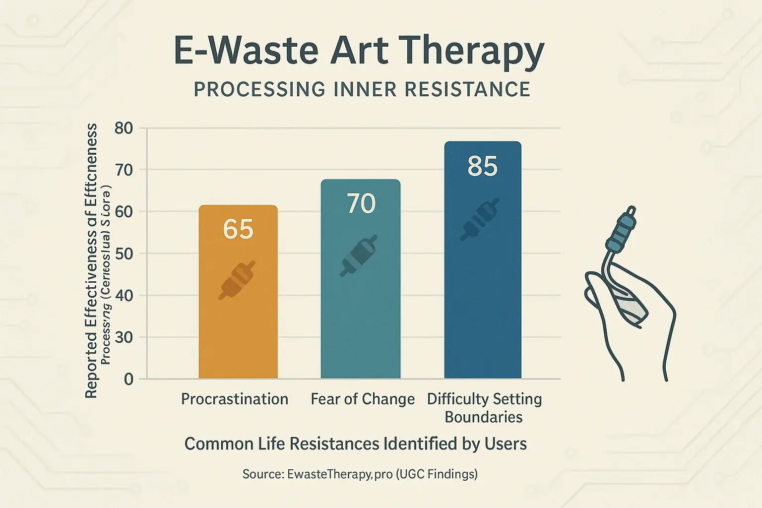 Bar chart: E-waste art helps users process resistance (procrastination, fear of change) & navigate boundaries.