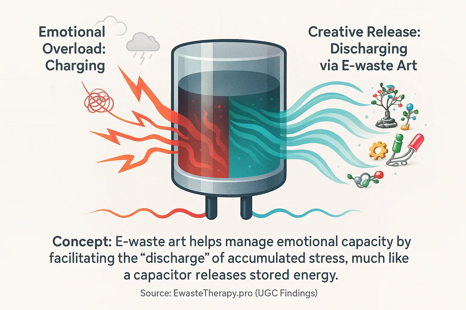 Capacitor charging/discharging emotional energy, explaining how e-waste art manages emotional capacity.