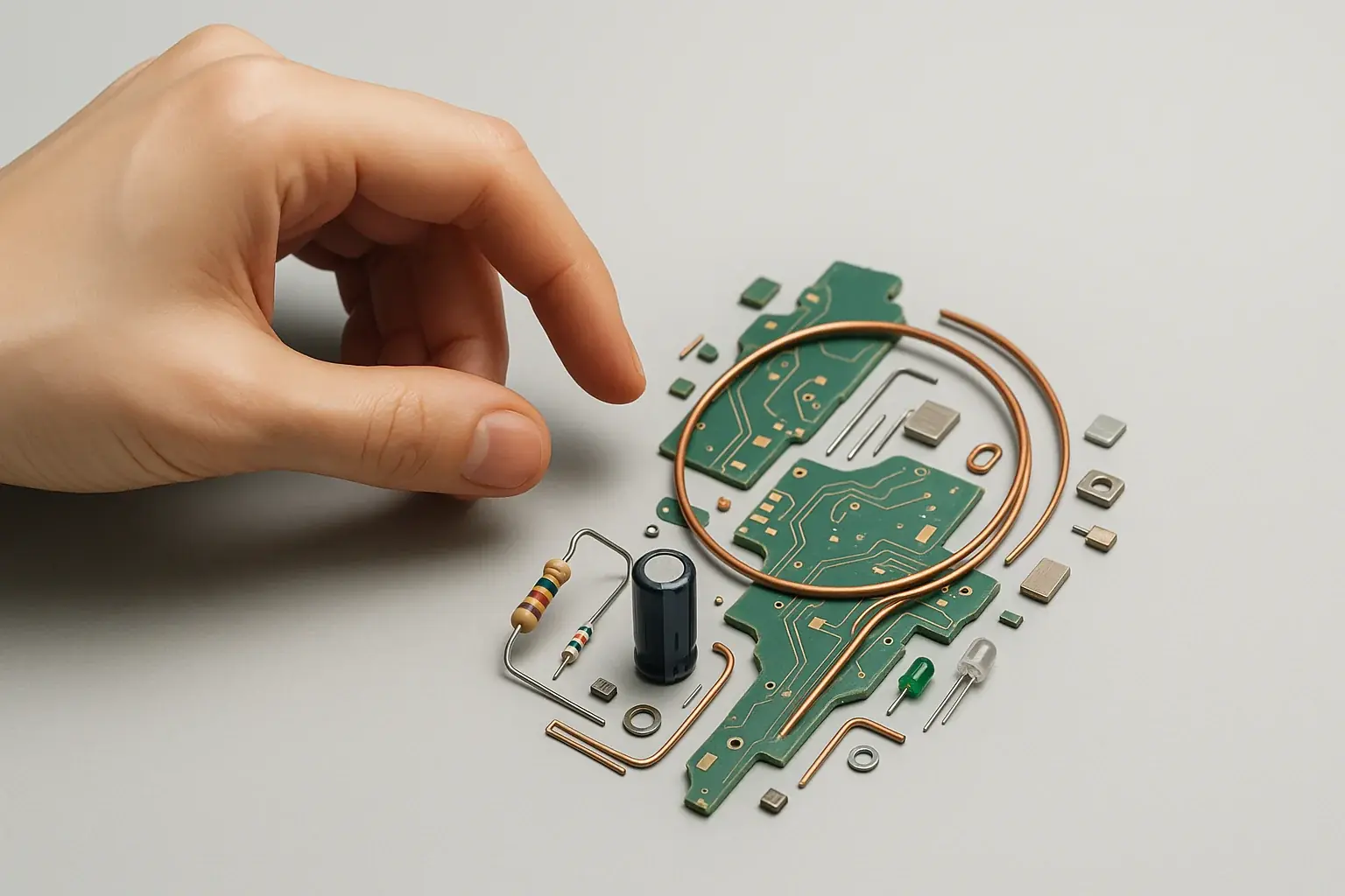 Hand carefully places resistor & capacitor into abstract e-waste art, symbolizing balanced, therapeutic integration.