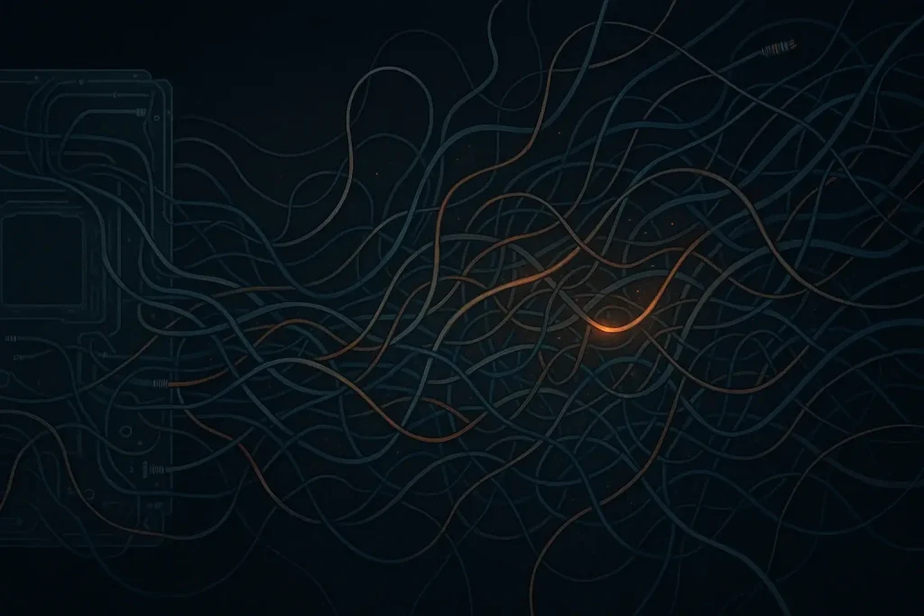 Abstract intertwining wires forming complex connections, symbolizing e-waste art's hidden language.