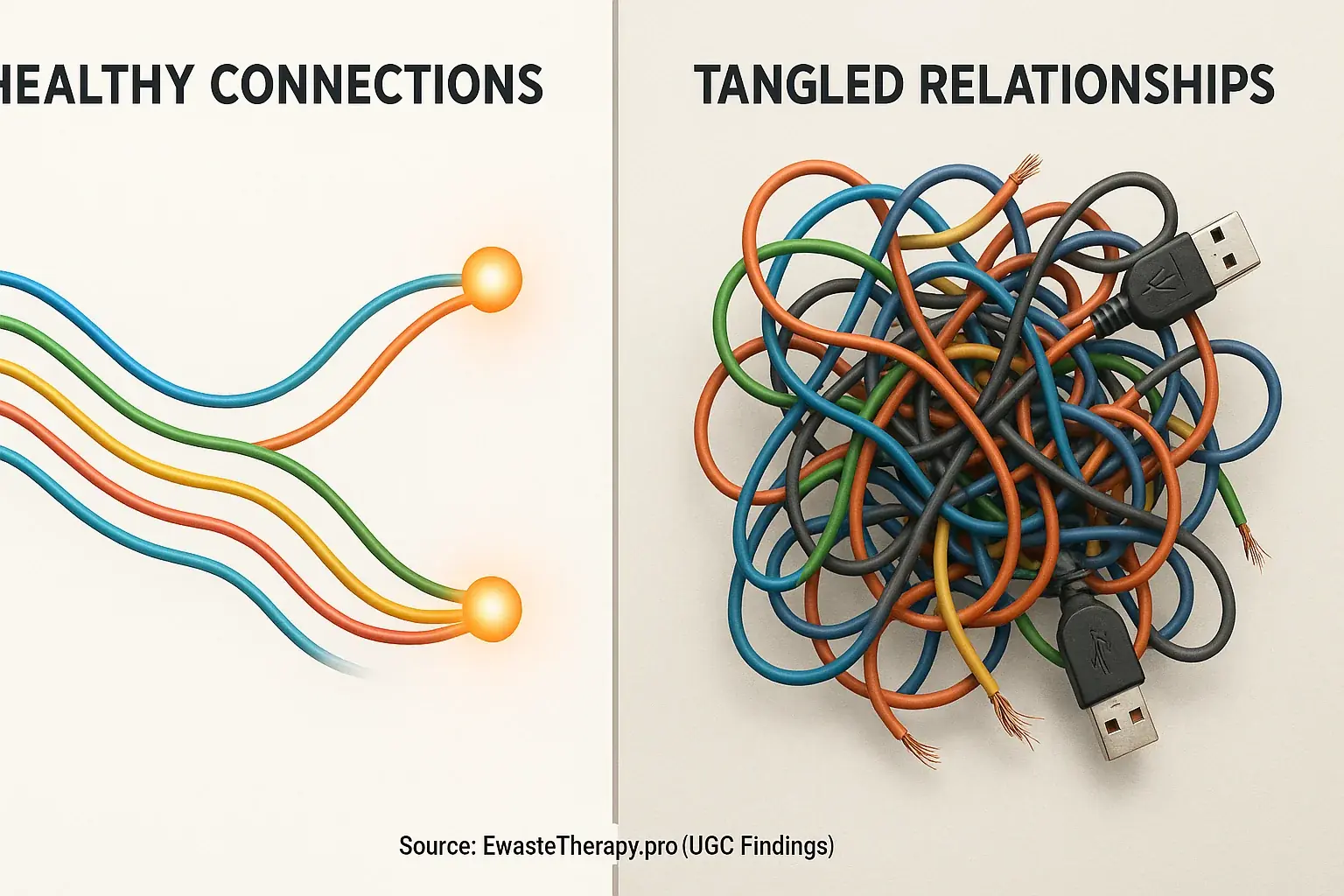 Infographic: E-waste wires: healthy connections are organized, clear; tangled relationships are knotted, chaotic.