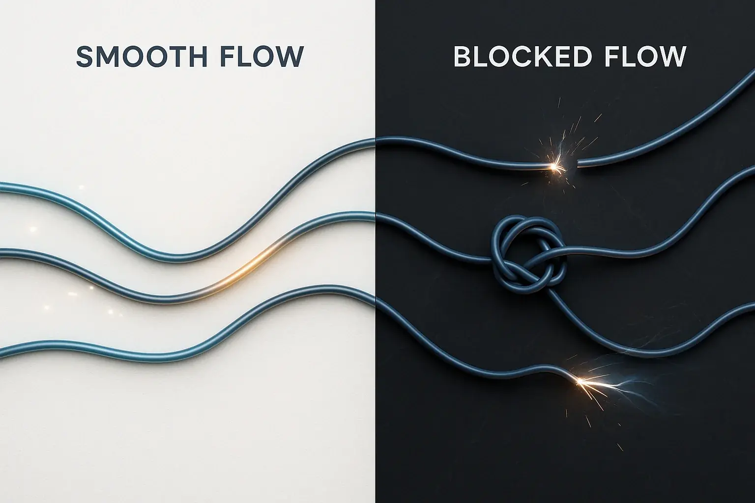 Conceptual wires: clear path for smooth energy current vs. knotted blockage in vitality channel.