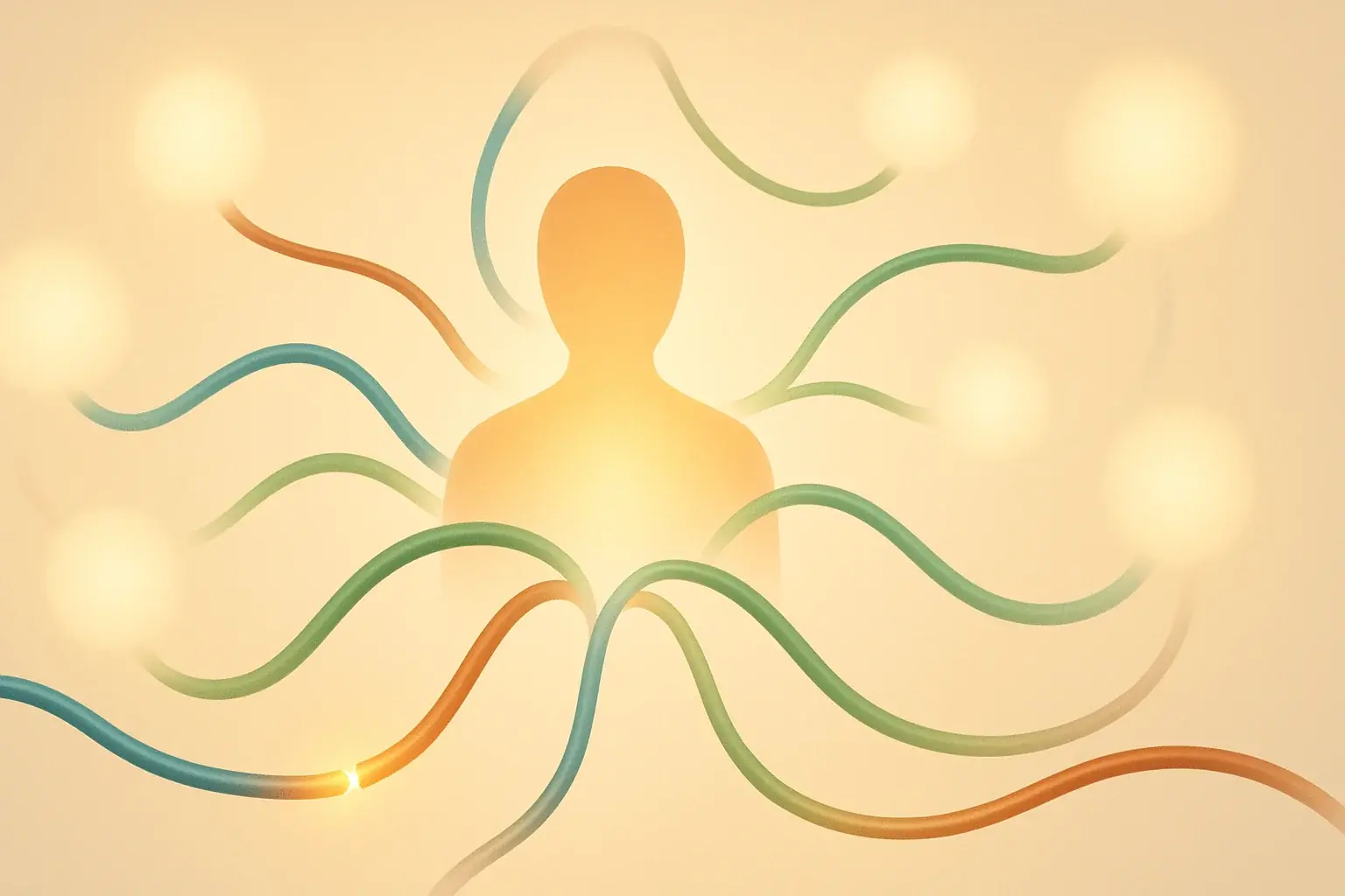 Stylized wires as a glowing lifeline connect abstract figures, symbolizing resilience, support, and help.