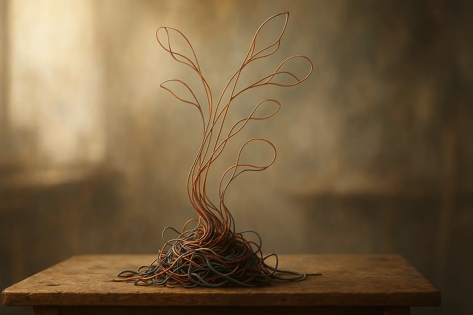 Abstract, finished e-waste wire sculpture, warmly lit, symbolizing personal growth and transformation.