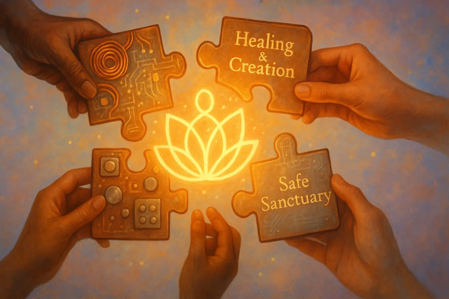 Diverse hands connect e-waste puzzle pieces, forming a glowing symbol of community, healing, and connection.