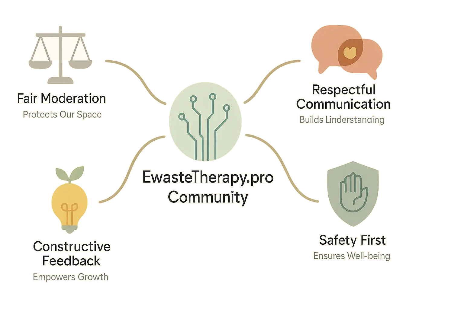Central EwasteTherapy.pro icon radiates to 4 principles: Respectful Comm, Safety First, Constructive Fdbk, Fair Moderation.