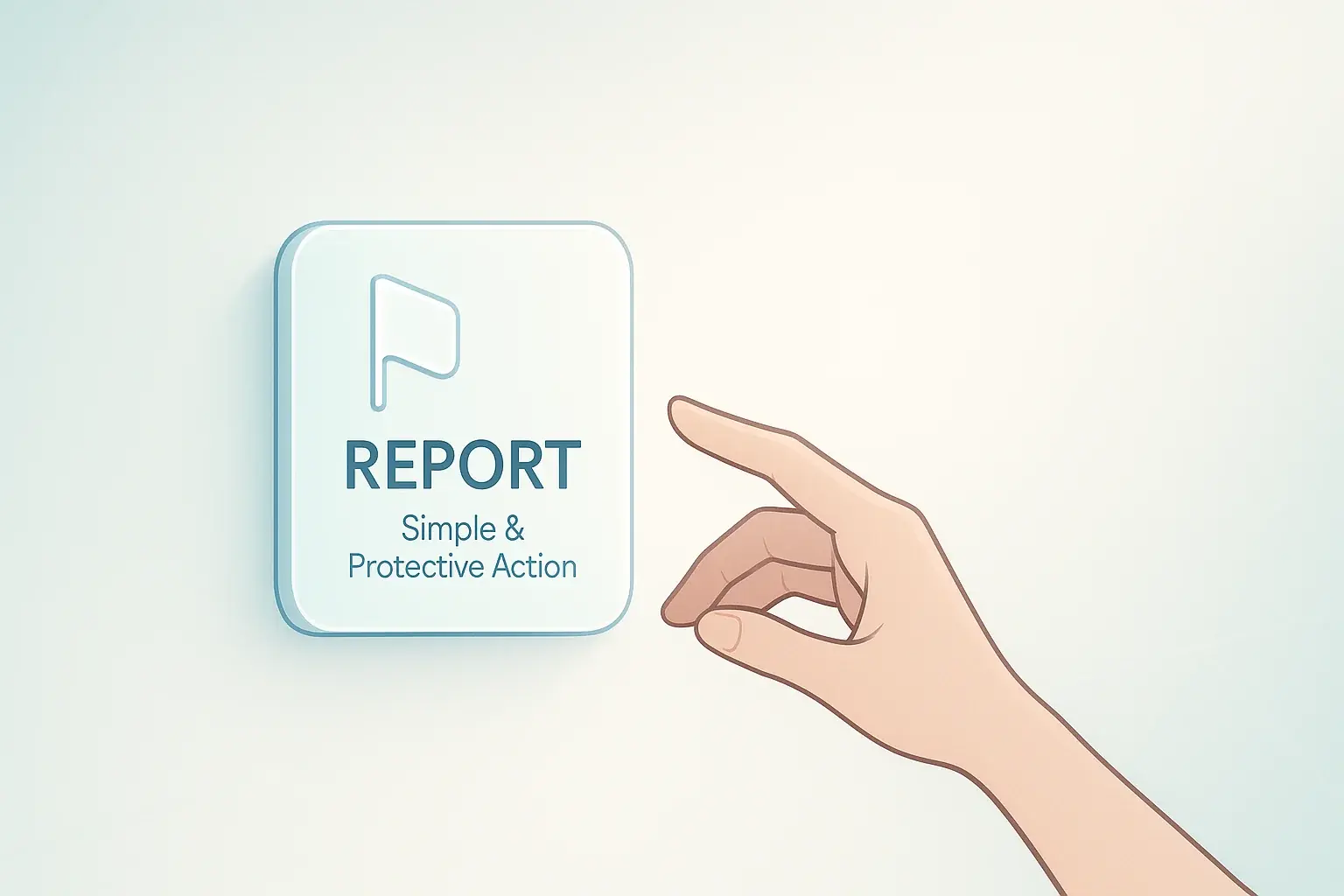 Supportive hand pressing a glowing report icon, helping maintain a safe online space.