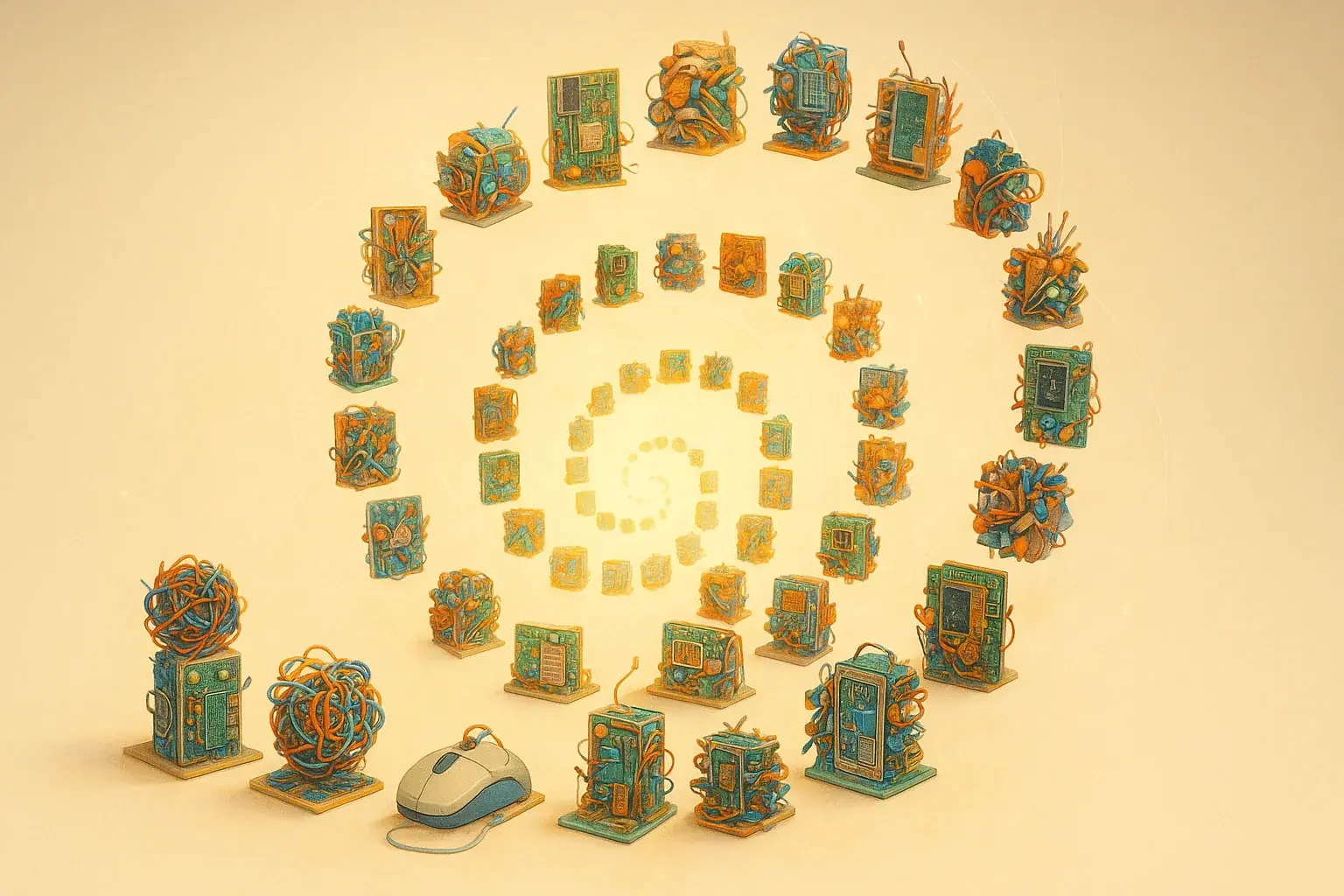 Harmonious, growing spiral of e-waste art pieces, symbolizing collective creativity &amp; a thriving, healing community.